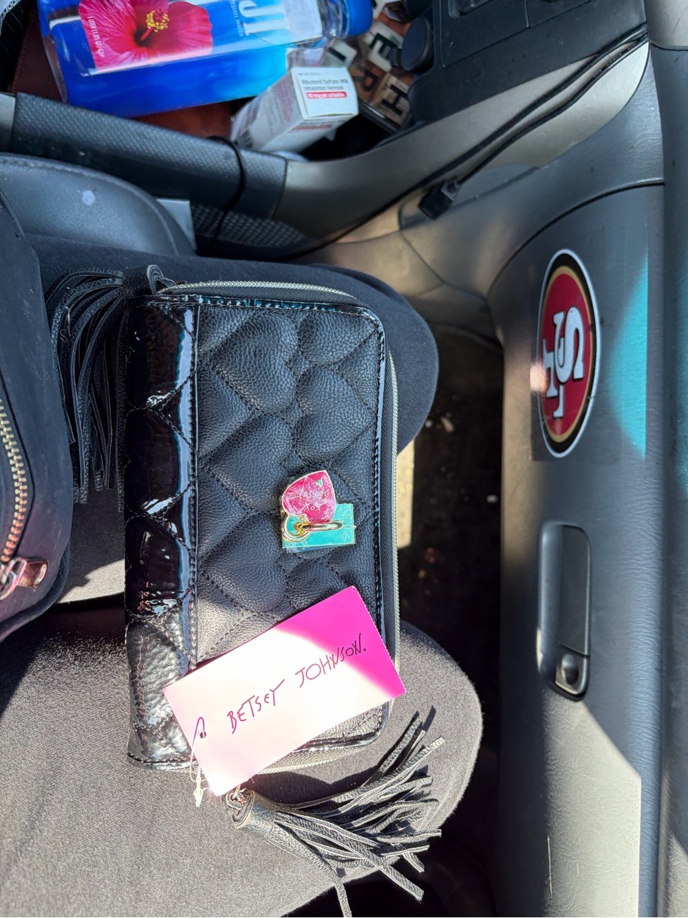 Betsey Johnson Black Quilted Patent Tassel Phone Wallet with Pink Heart Pin